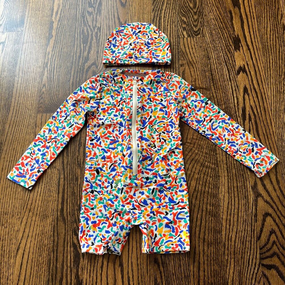 Bobo Choses Multicolor Confetti All Over Swim Overall with Matching Cap (4-5Y)